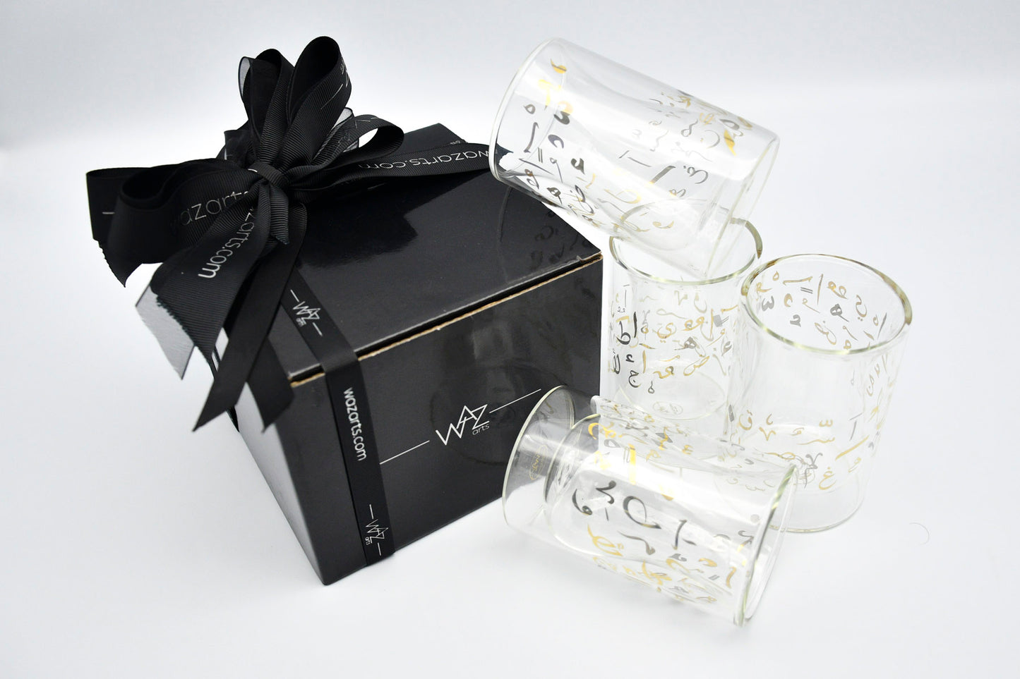 Calligraphy cups placed on walnut wood tray – WAZ Arts