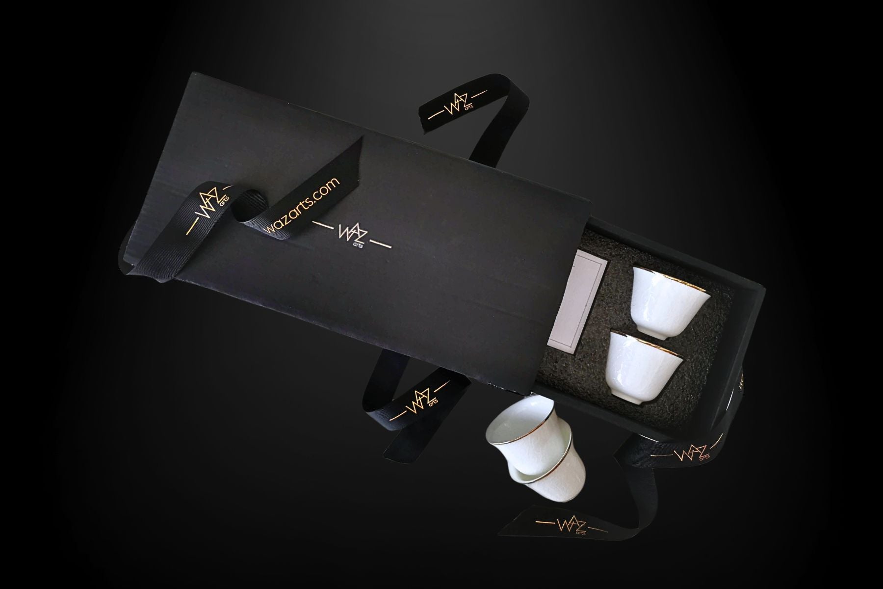 Gahwa cup set featuring detailed Arabic calligraphy