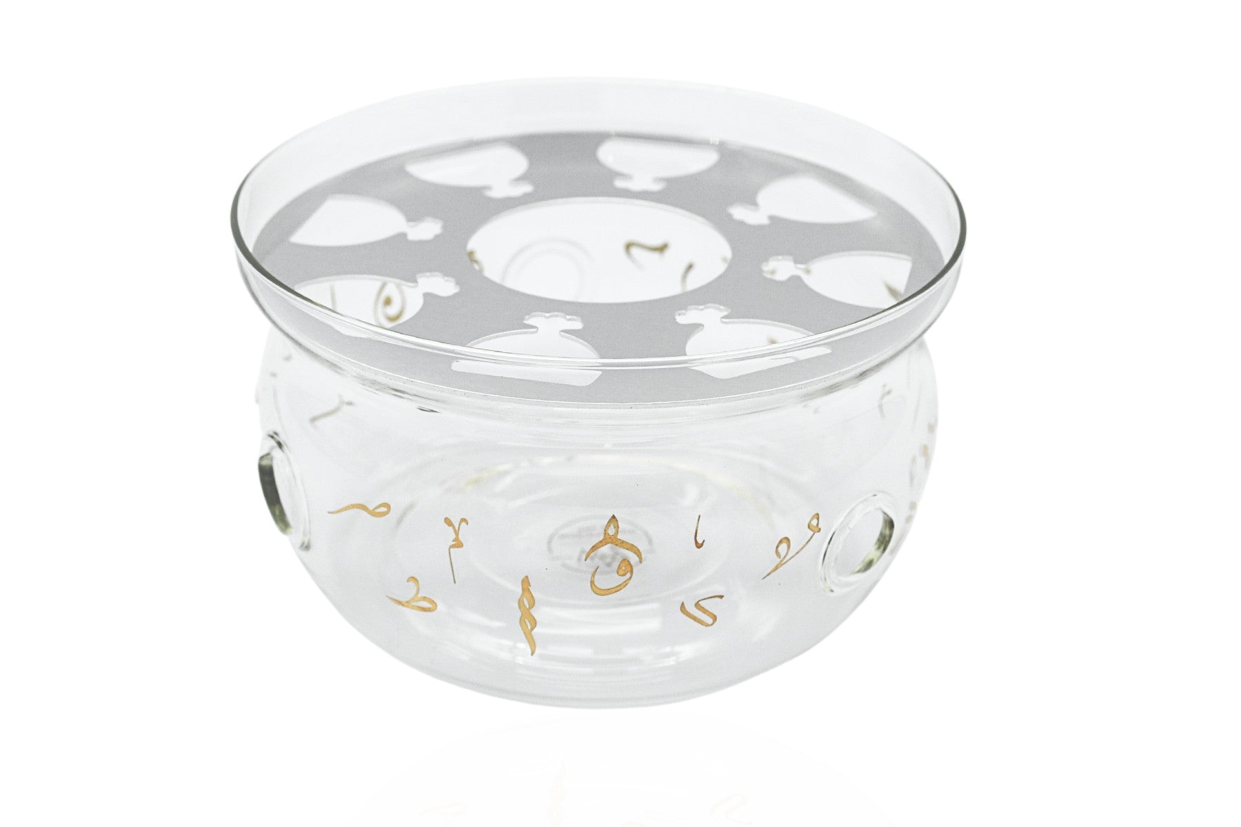 Gold Arabic calligraphy coffee warmer with heat-safe glass bowl