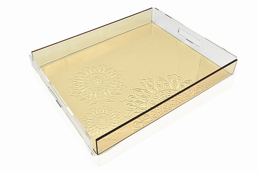 Orange ornamented tray made of walnut wood with gold details