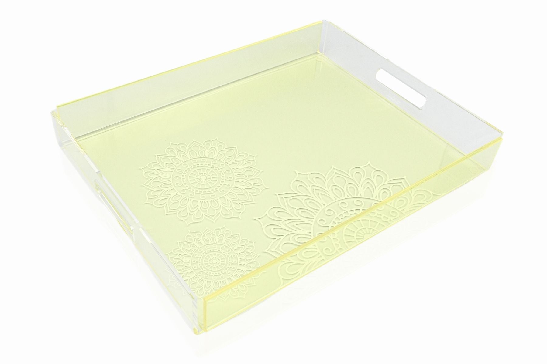 Yellow ornamented walnut wood tray with golden detail