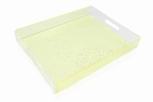 Yellow ornamented walnut wood tray with golden detail